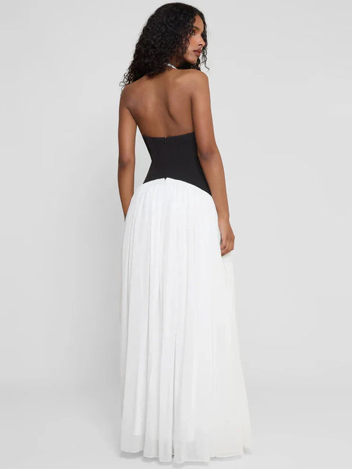 Halter Deep V Backless Patchwork Maxi Dress