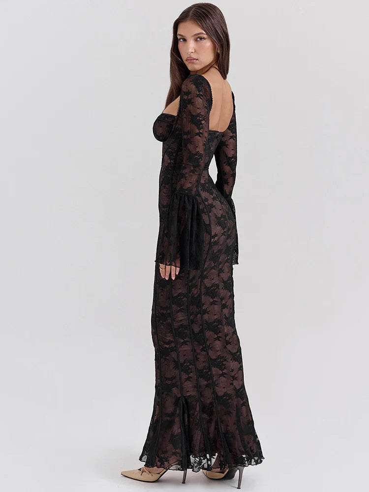 Lace Print Flare Sleeve Backless Maxi Dress