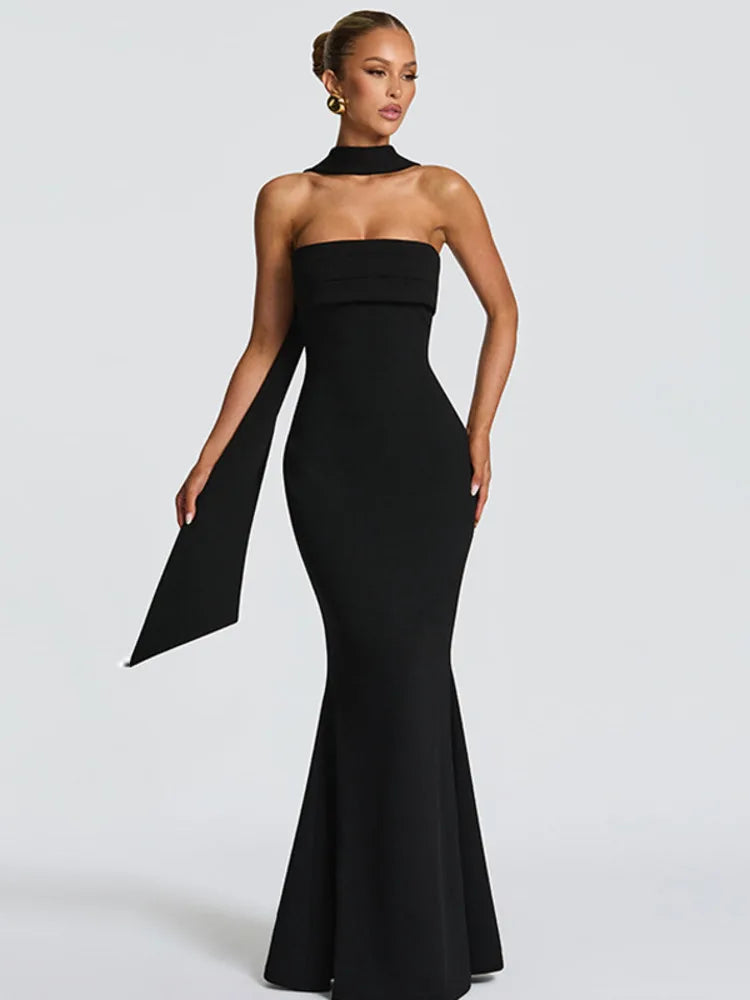 Scarf Collar Backless Bodycon Maxi Dress