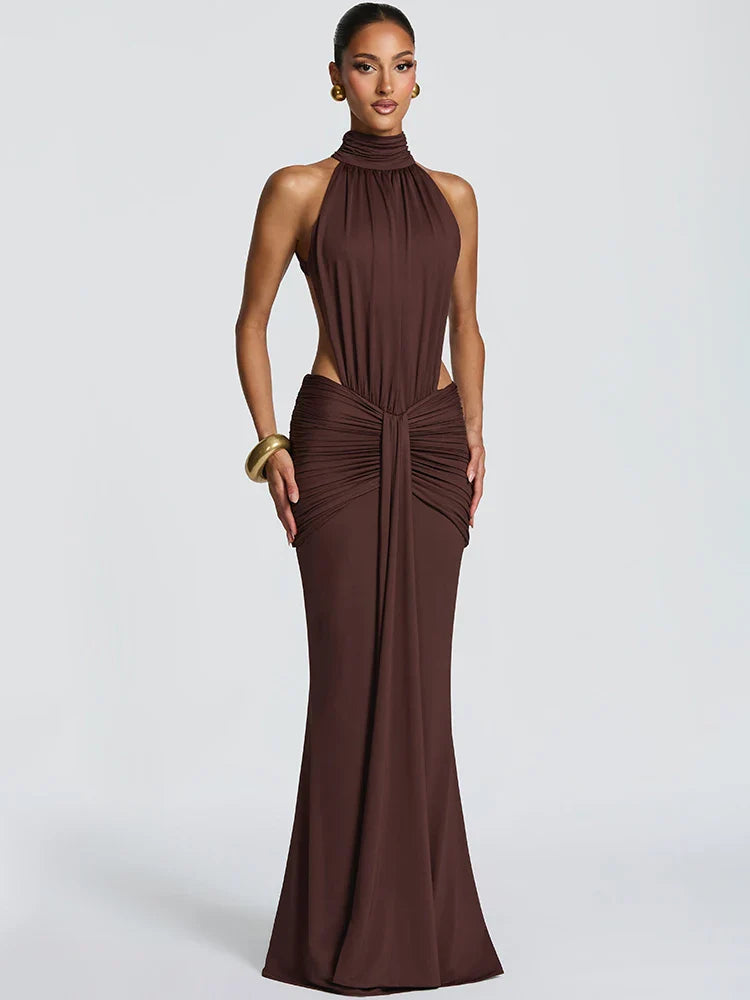 Turtleneck Backless Ruched Maxi Dress