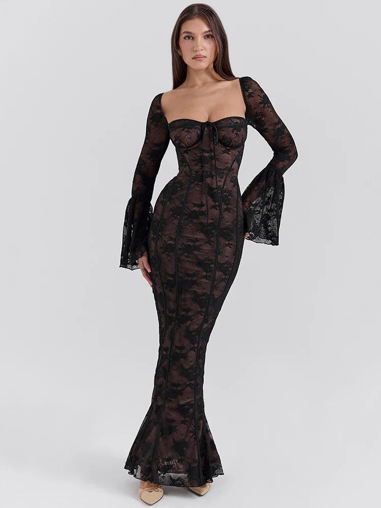 Lace Print Flare Sleeve Backless Maxi Dress