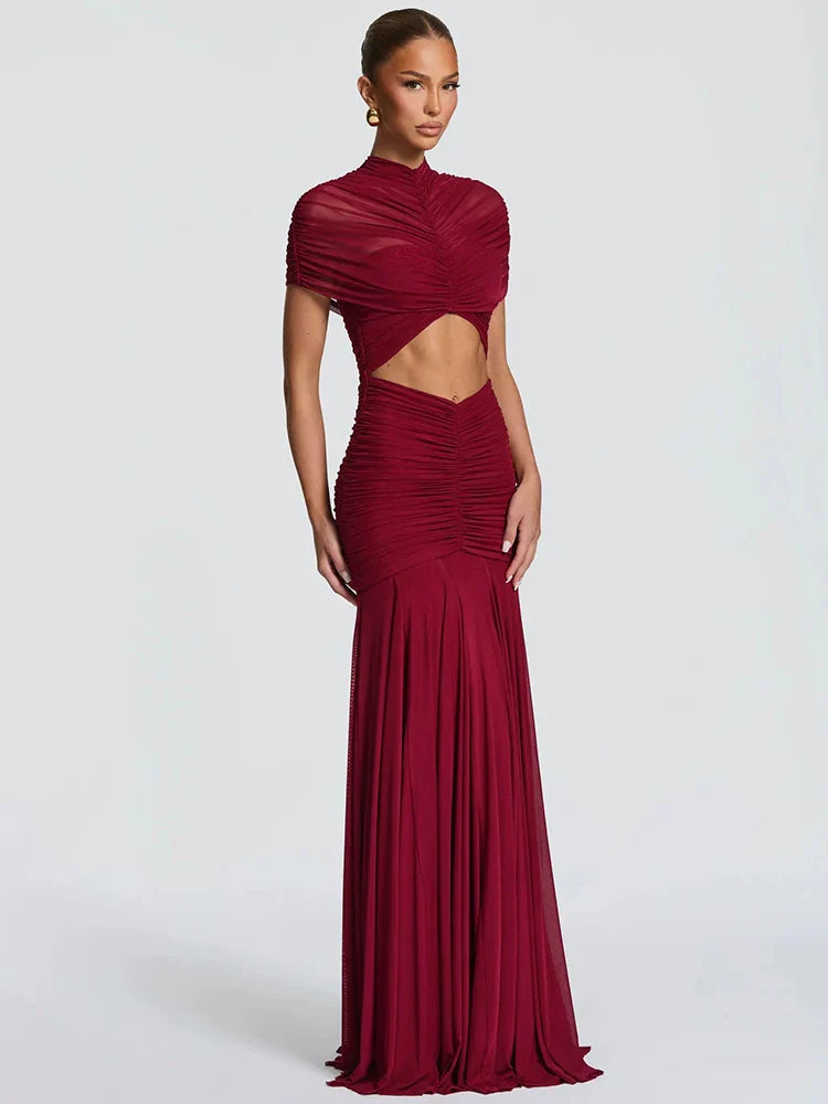 Ruched Turtleneck Hollow-Out Maxi Dress