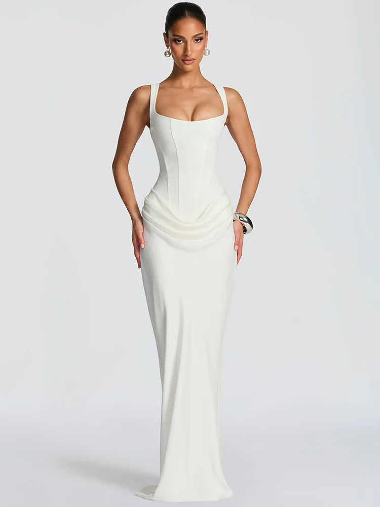 Square Collar Ruched Backless Maxi Dress