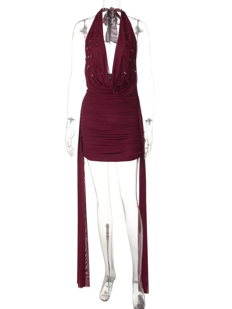 Deep V Crystal Backless Mini Dress