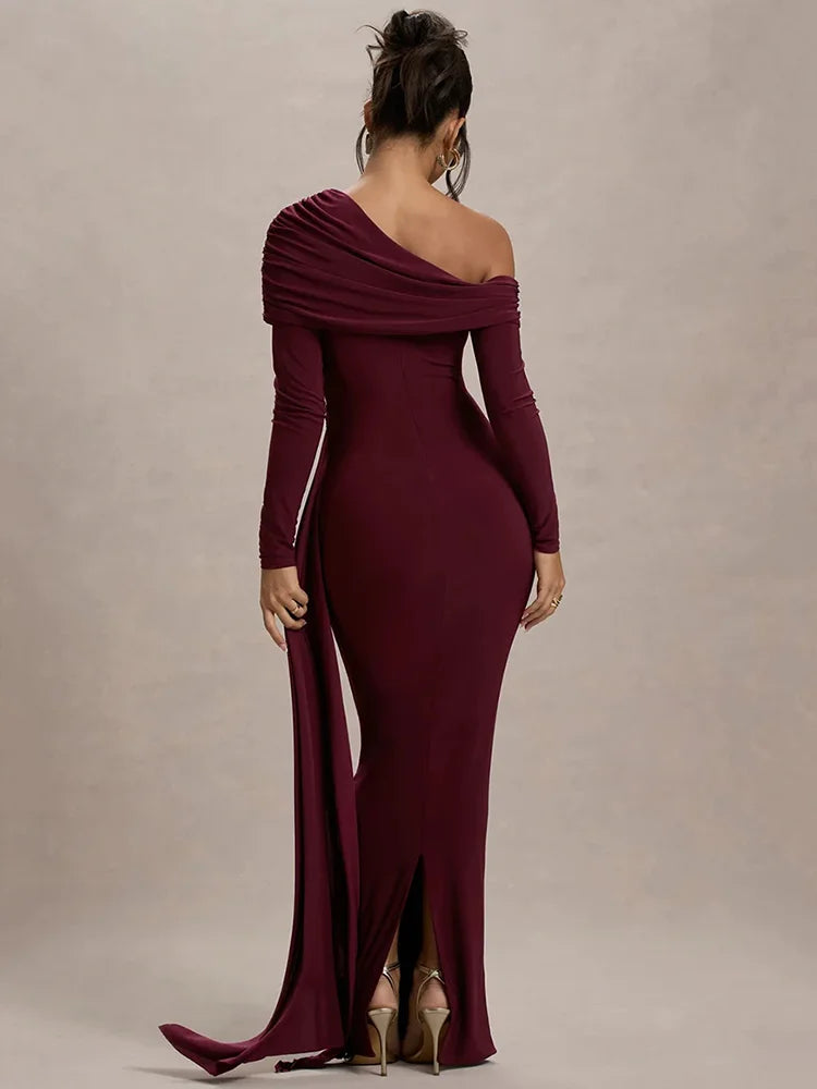 Skew Collar Ruched Backless Maxi Dress