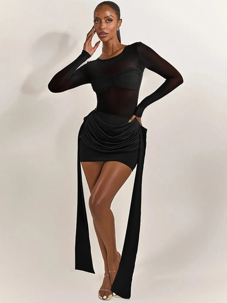 Mesh Patchwork Ruched Mini Dress