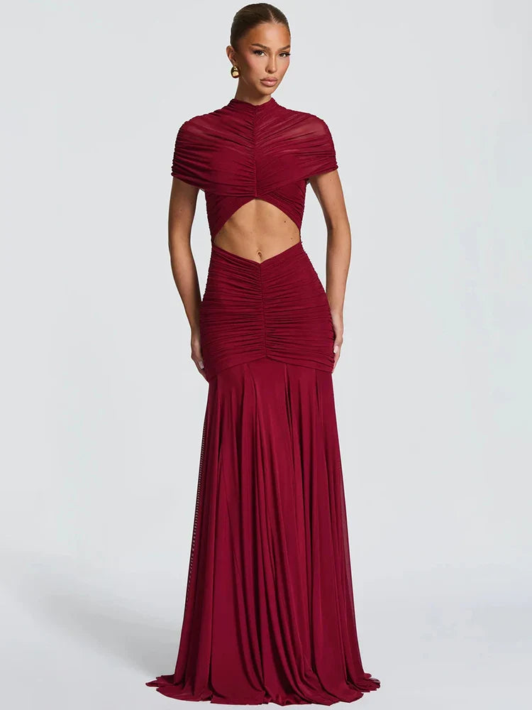 Ruched Turtleneck Hollow-Out Maxi Dress