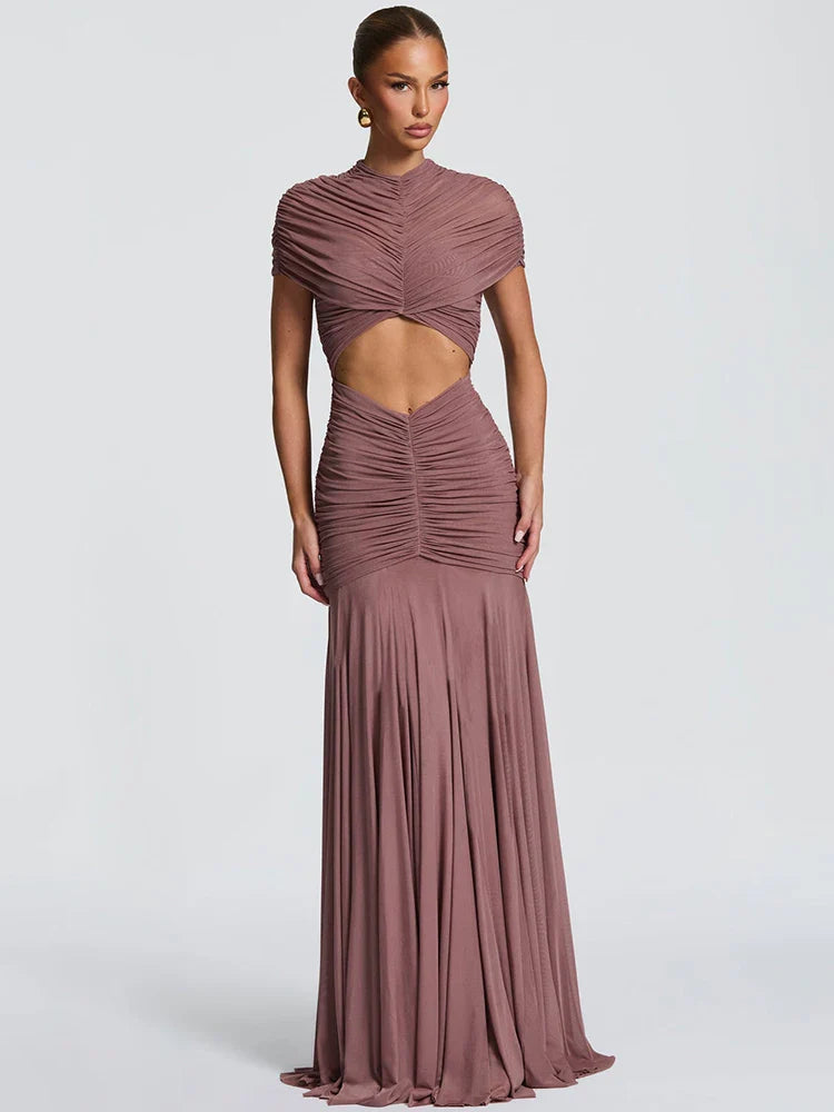 Ruched Turtleneck Hollow-Out Maxi Dress