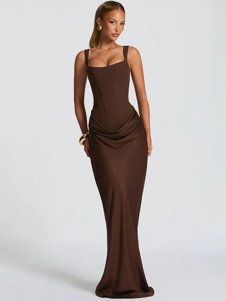 Square Collar Ruched Backless Maxi Dress