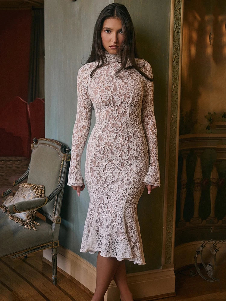 Elegant White Long Sleeve Midi Dress
