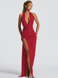 Halter Deep V Split Backless Maxi Dress
