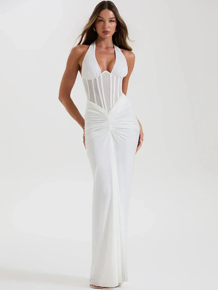 Halter V-Neck Ruched Backless Maxi Dress