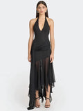Halter V-Neck Ruched Backless Maxi Dress