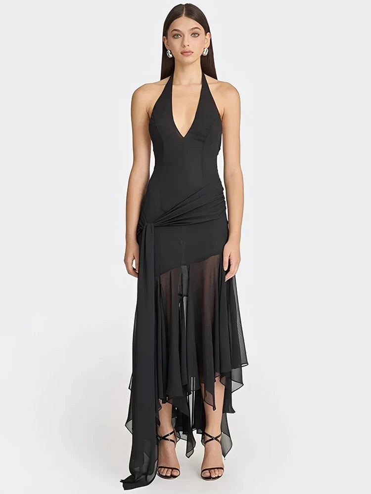 Halter V-Neck Ruched Backless Maxi Dress