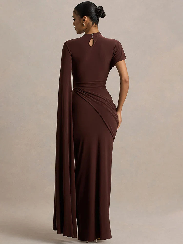 One Cape Sleeve Ruched Maxi Dress