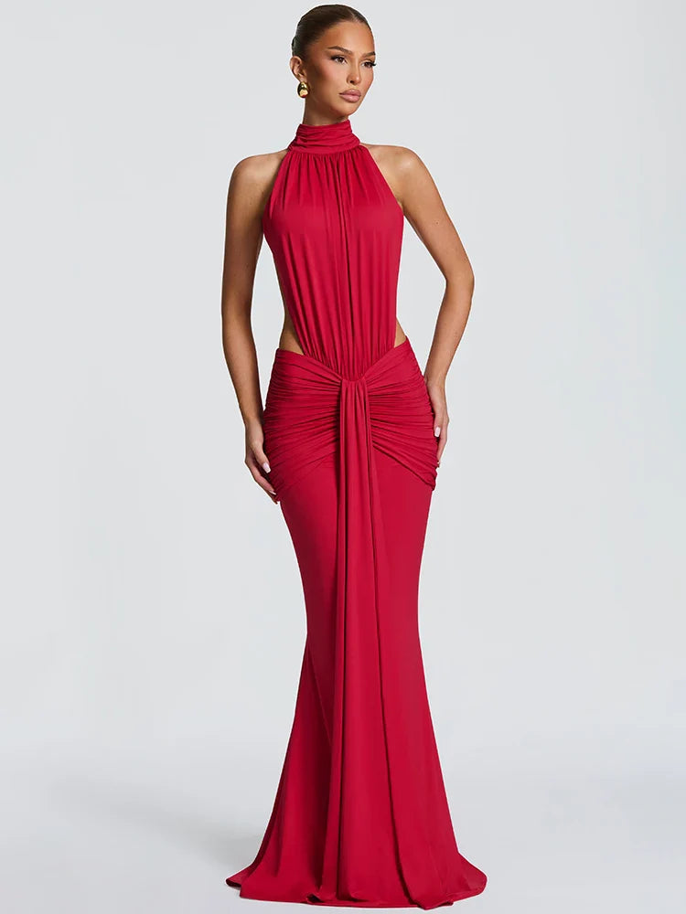 Turtleneck Backless Ruched Maxi Dress