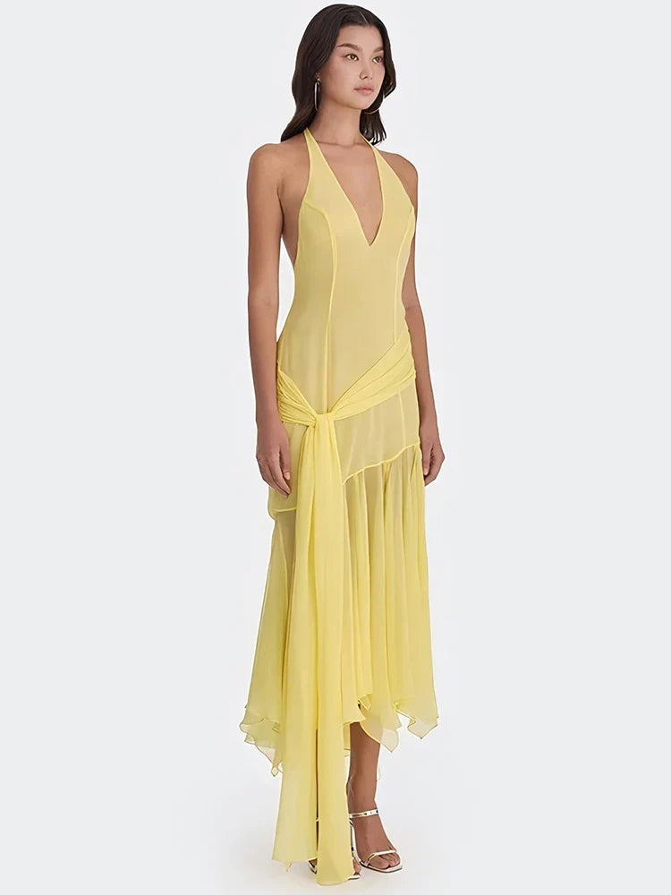 Halter V-Neck Ruched Backless Maxi Dress