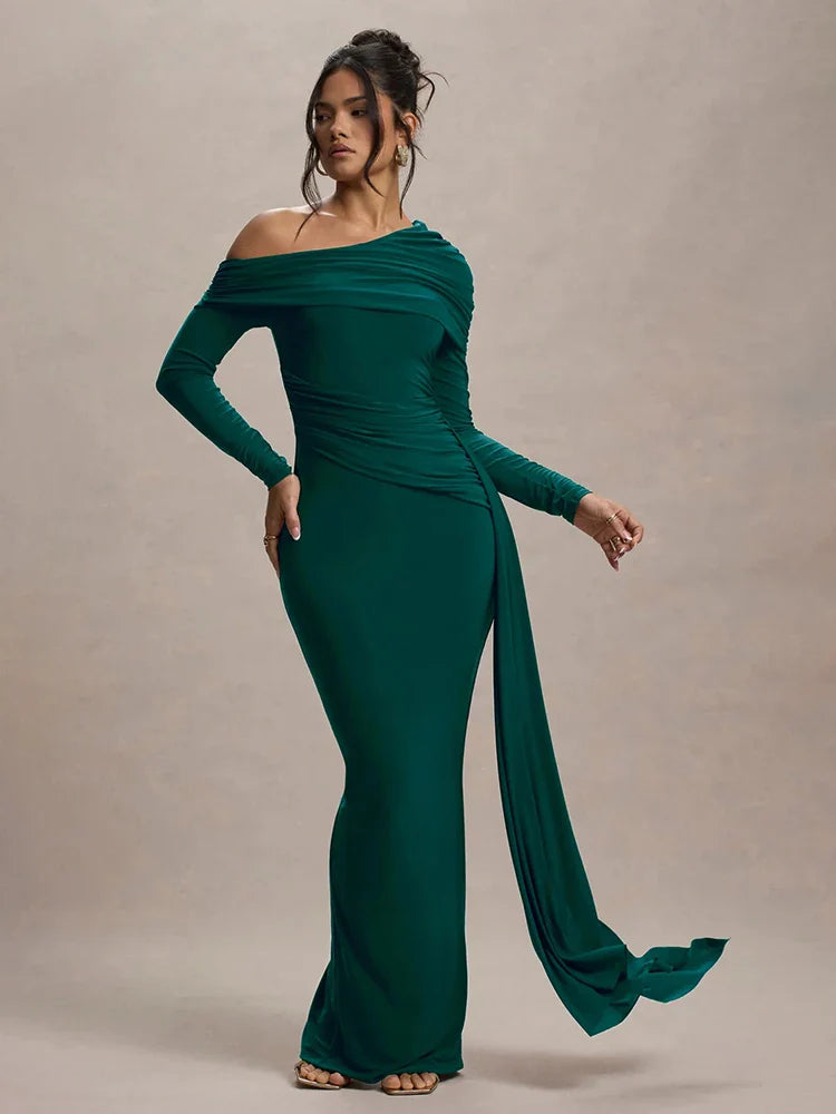 Skew Collar Ruched Backless Maxi Dress