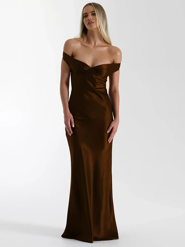 Satin Off-Shoulder Backless Maxi Dress