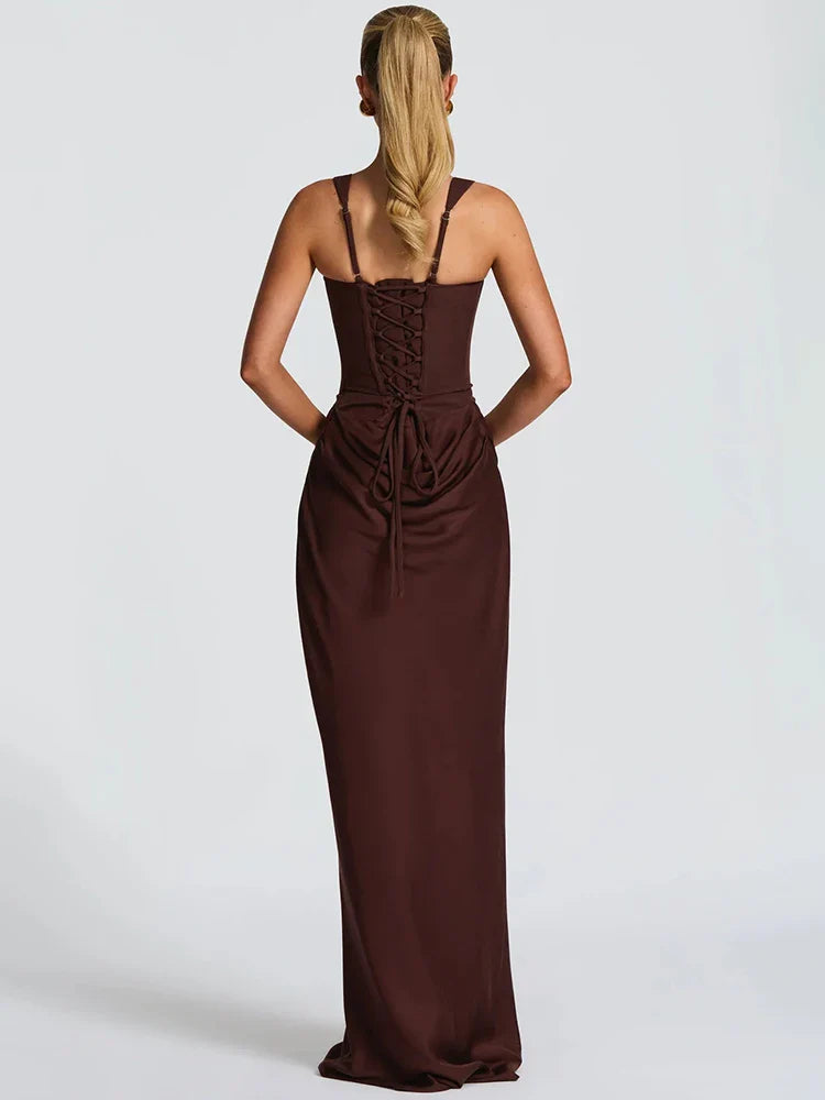 Square Collar Ruched Backless Maxi Dress