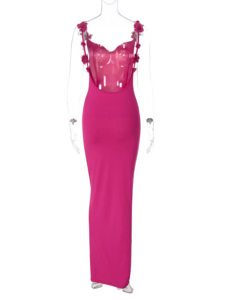Rose Pink Flower Backless Maxi Dress