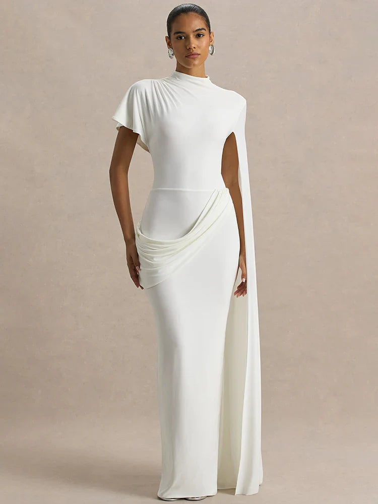 One Cape Sleeve Ruched Maxi Dress