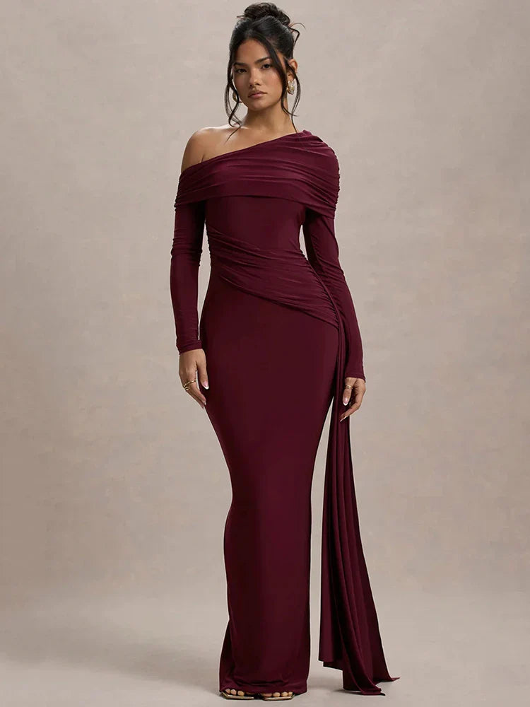 Skew Collar Ruched Backless Maxi Dress