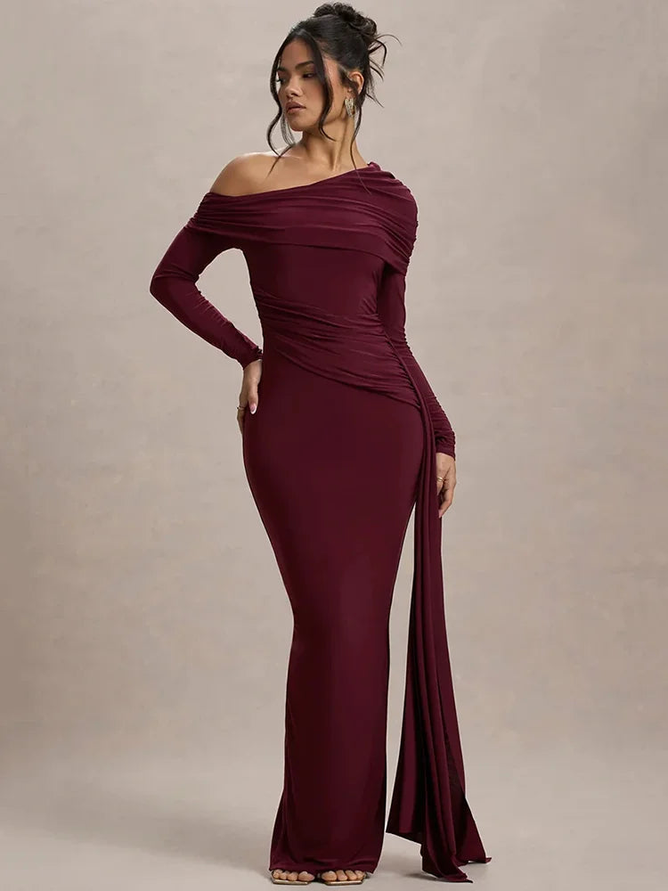 Skew Collar Ruched Backless Maxi Dress