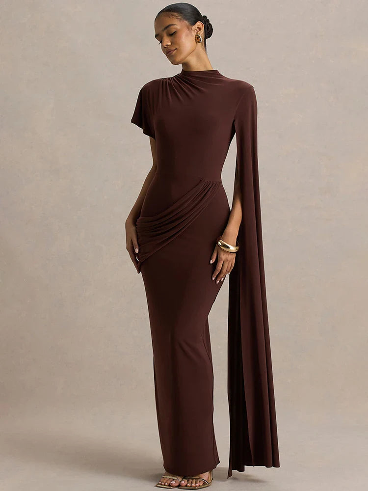 One Cape Sleeve Ruched Maxi Dress