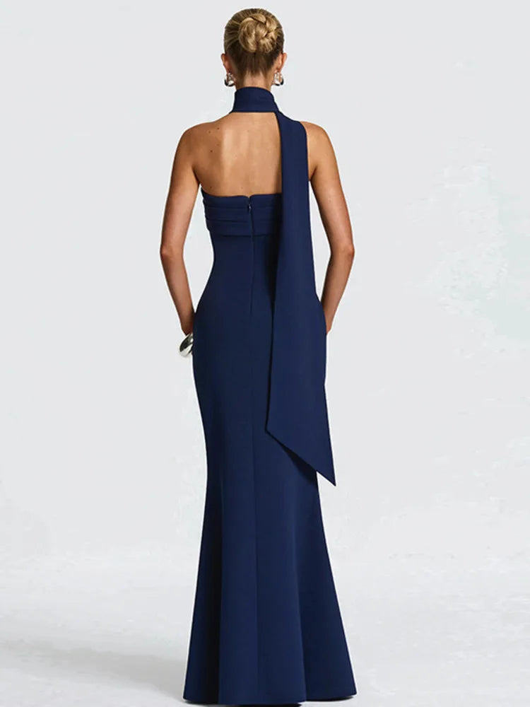 Scarf Collar Backless Bodycon Maxi Dress