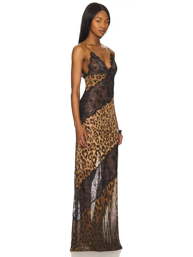 Leopard Spaghetti Strap Backless Maxi Dress