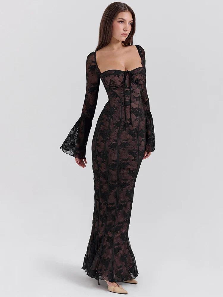 Lace Print Flare Sleeve Backless Maxi Dress