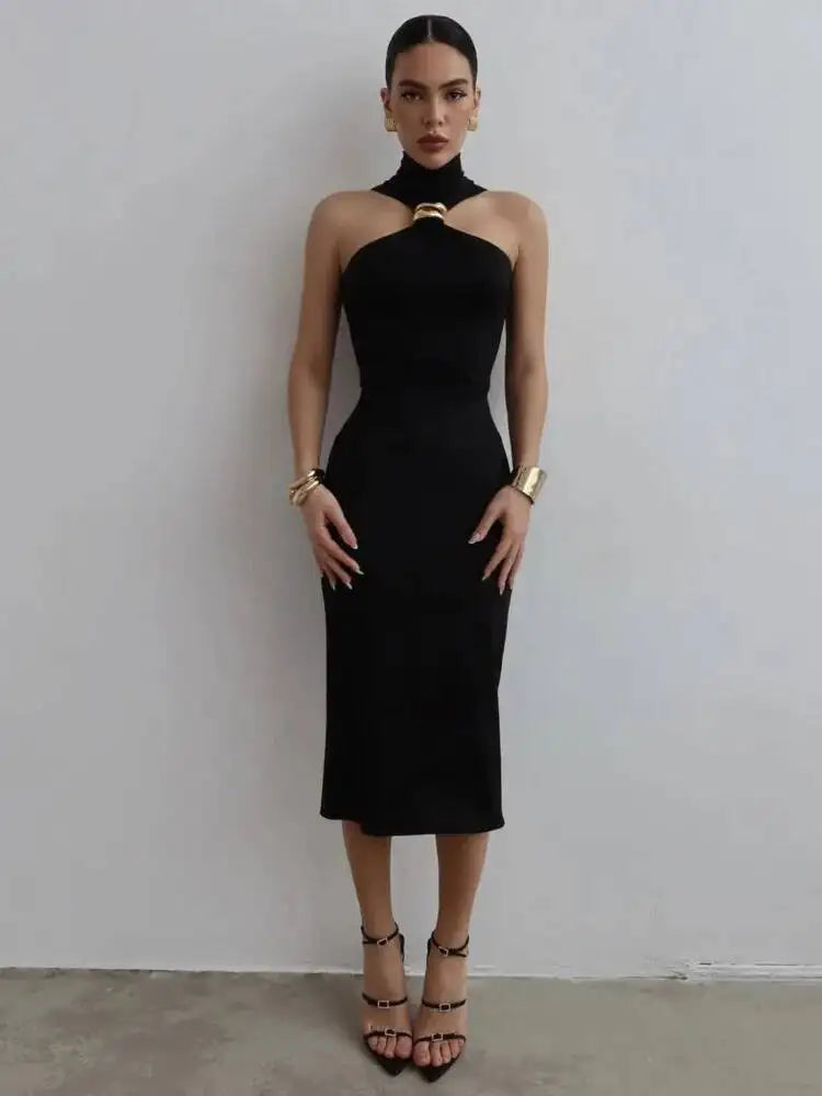 Turtleneck Off-Shoulder Backless Maxi Dress