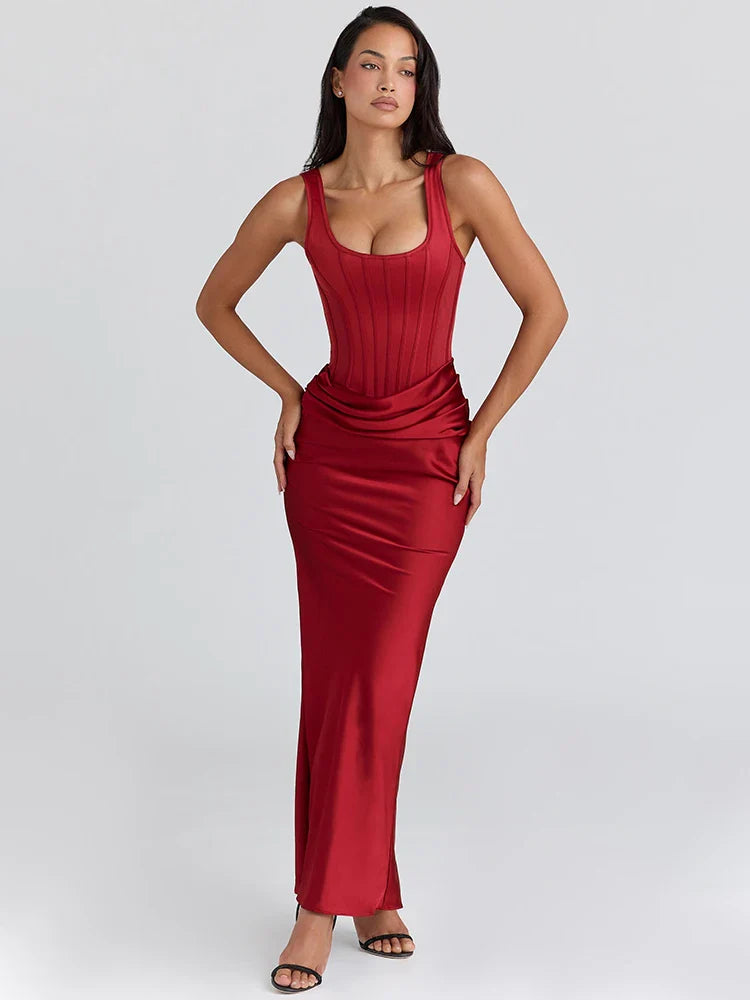 Square Collar Ruched Backless Maxi Dress