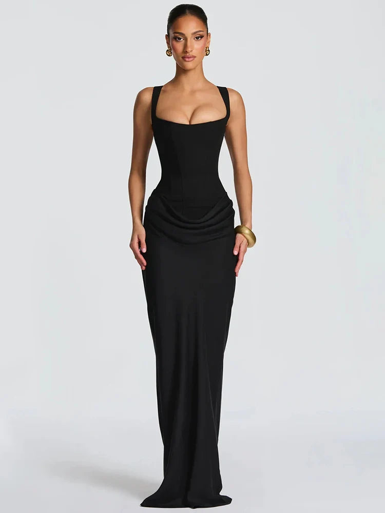 Square Collar Ruched Backless Maxi Dress