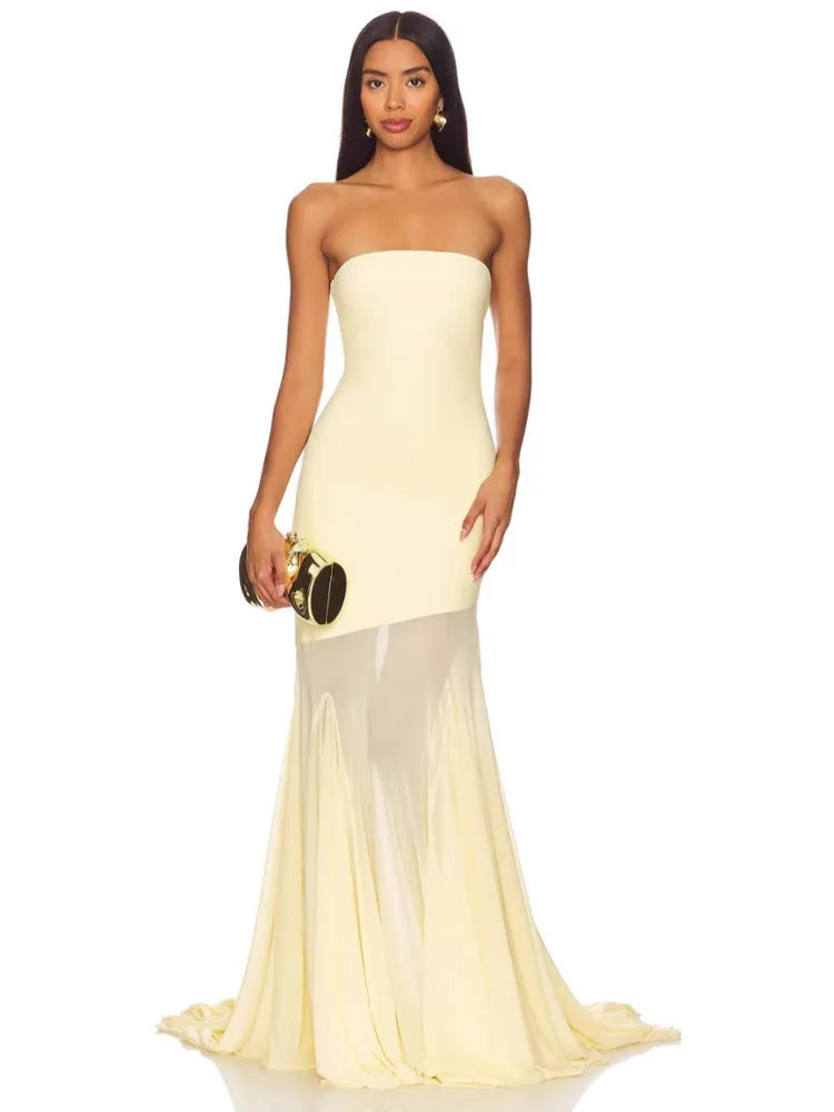 Off-Shoulder Mesh Backless Maxi Dress