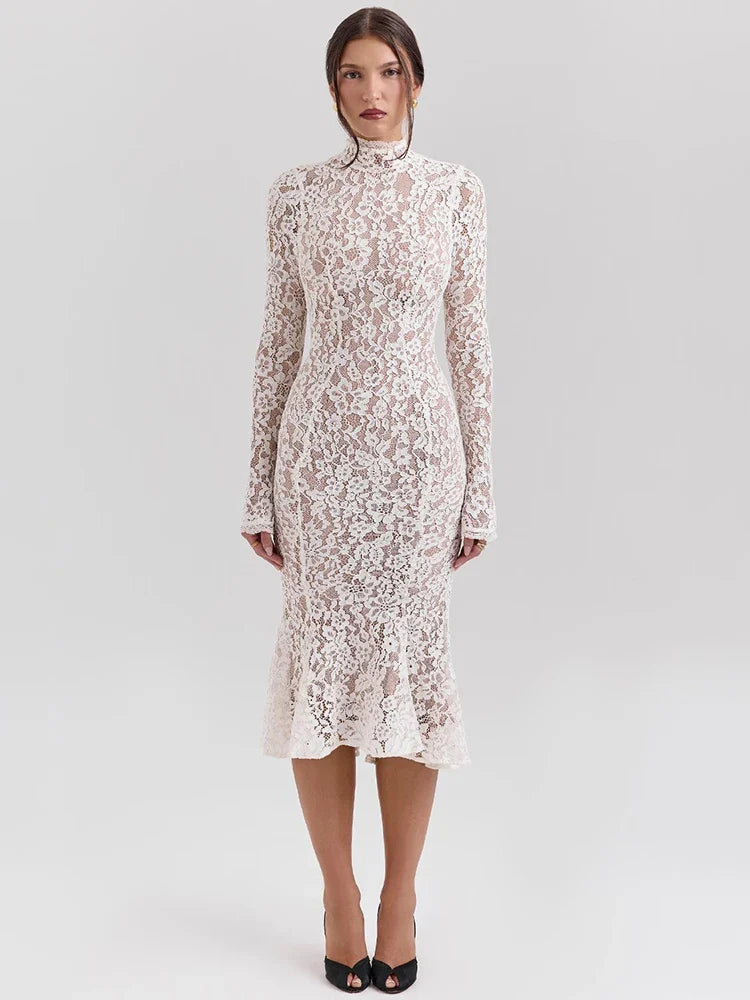 Elegant White Long Sleeve Midi Dress