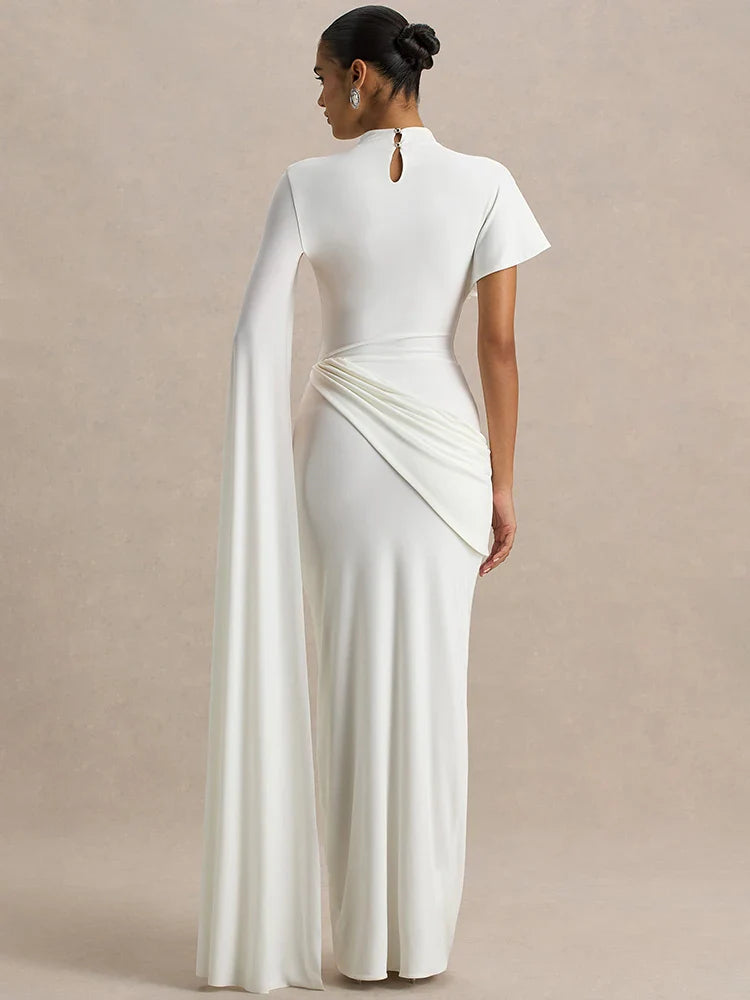 One Cape Sleeve Ruched Maxi Dress