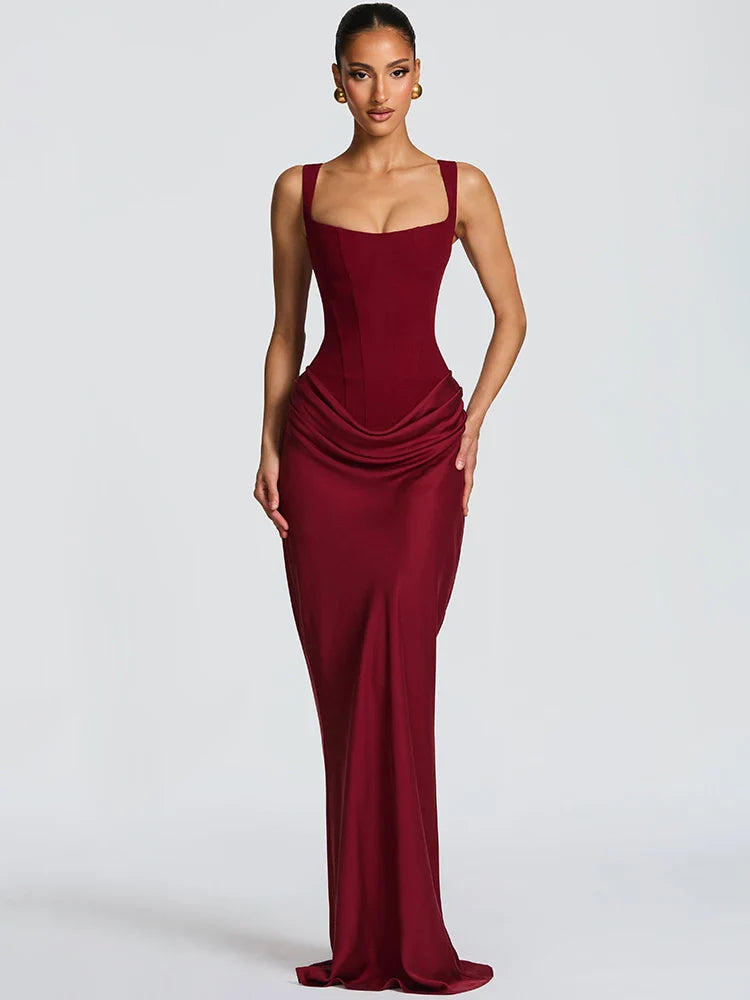 Square Collar Ruched Backless Maxi Dress