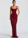 Square Collar Ruched Backless Maxi Dress