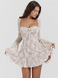Lace Print Flare Sleeve Backless Maxi Dress