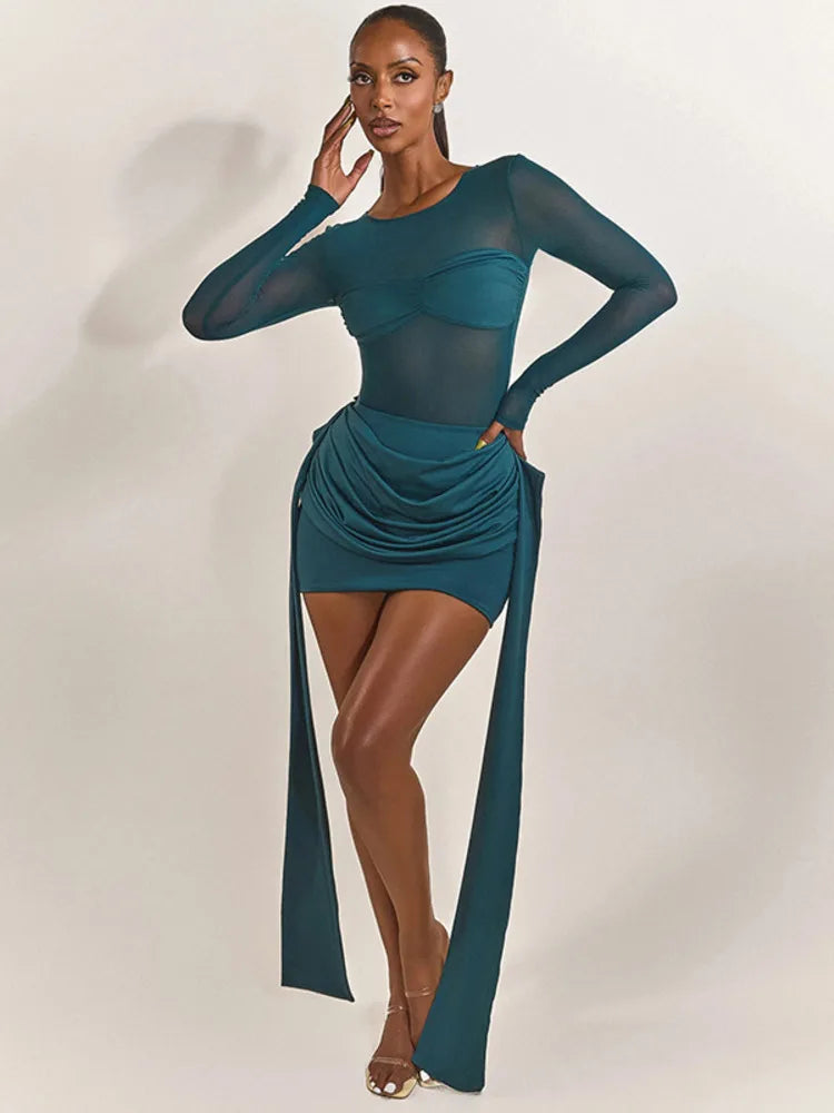 Mesh Patchwork Ruched Mini Dress
