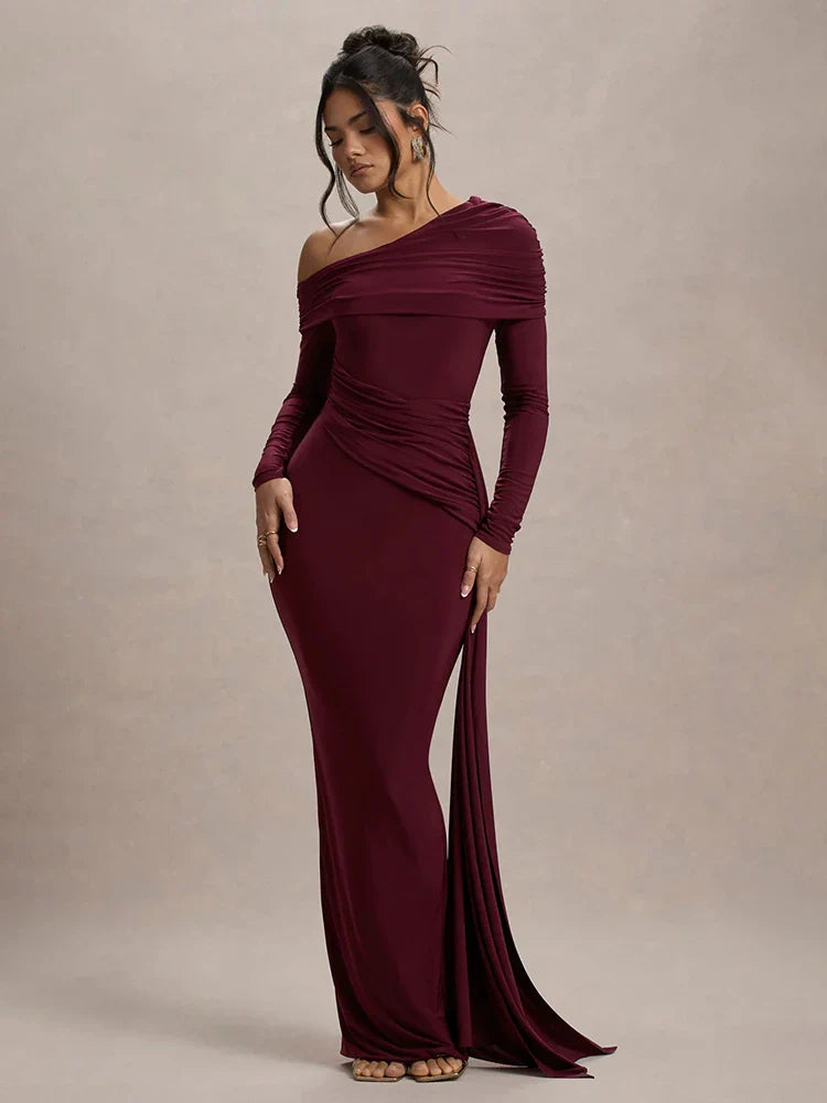 Skew Collar Ruched Backless Maxi Dress