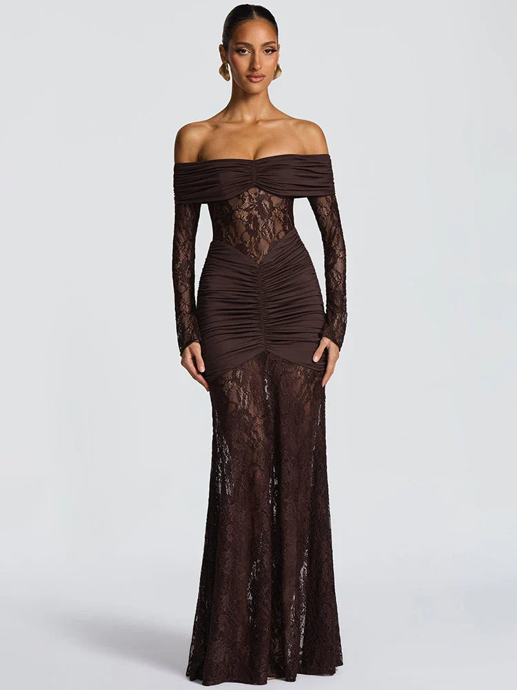 Off-Shoulder Lace Backless Maxi Dress