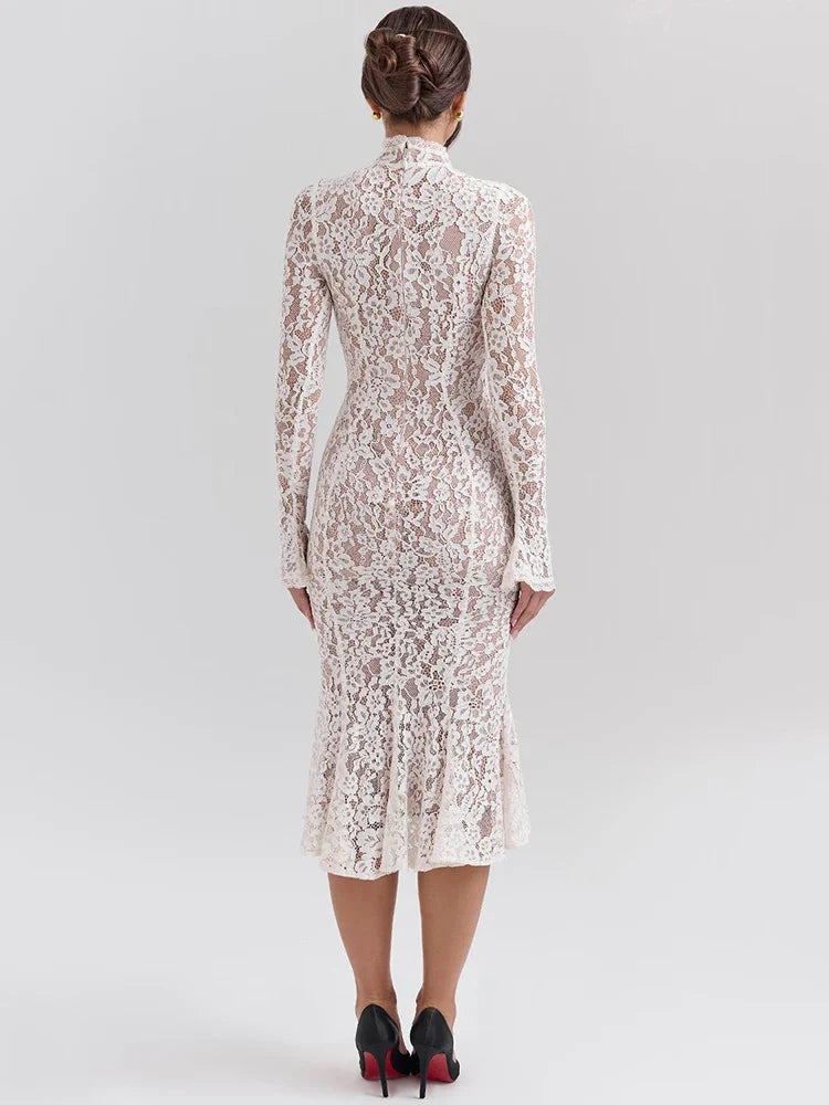 Elegant White Long Sleeve Midi Dress