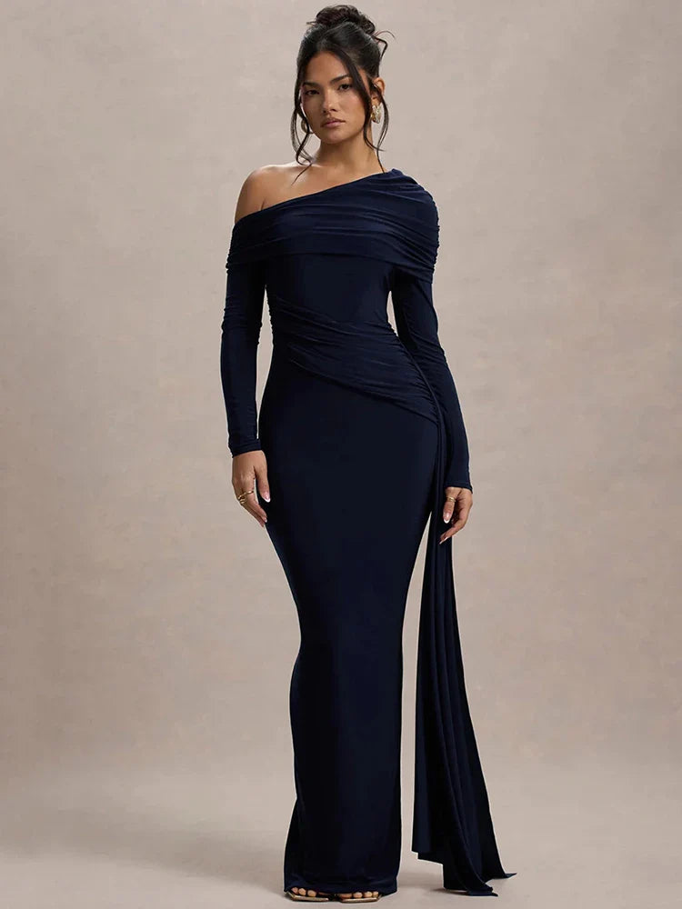 Skew Collar Ruched Backless Maxi Dress