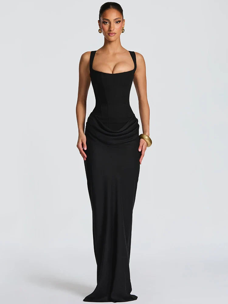 Square Collar Ruched Backless Maxi Dress