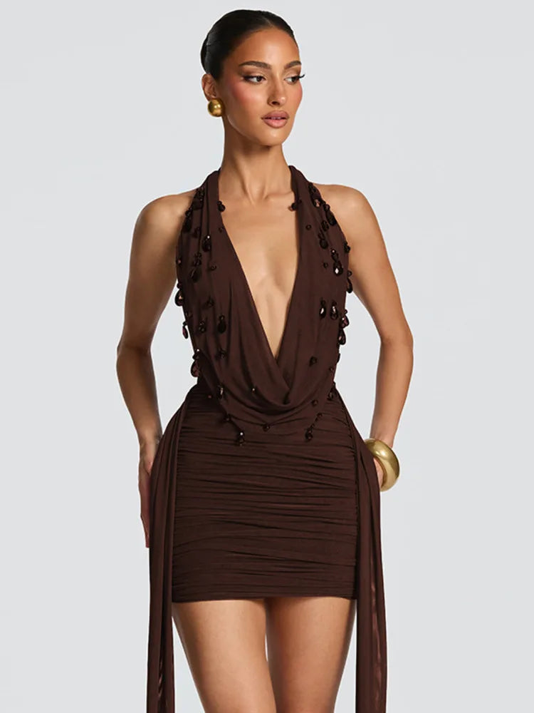 Deep V Crystal Backless Mini Dress
