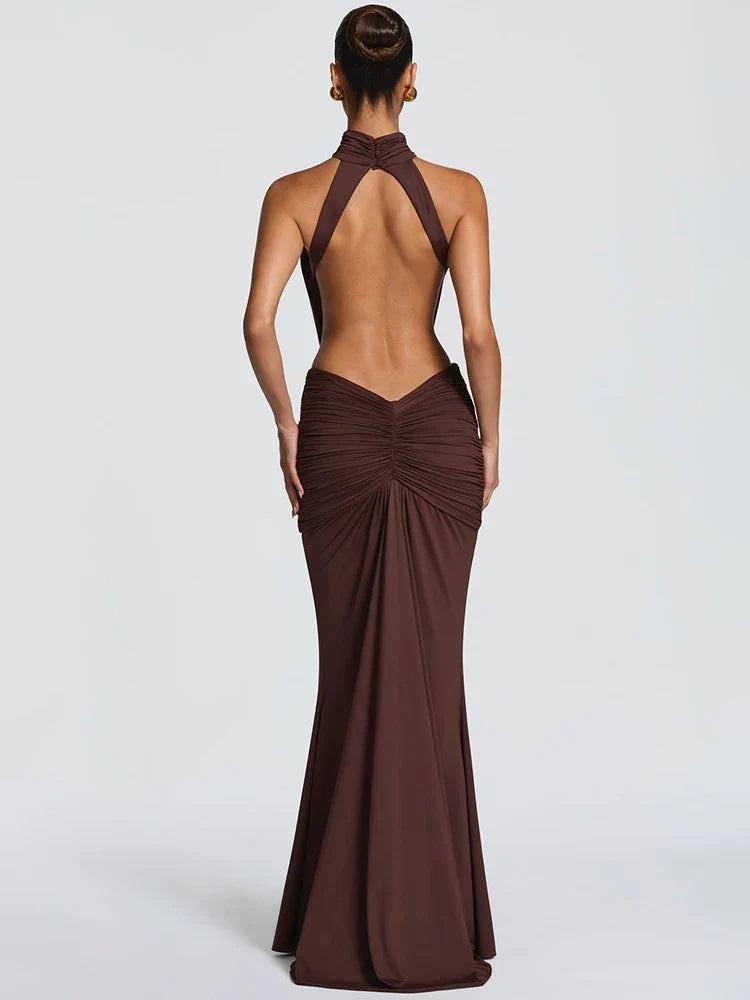 Turtleneck Backless Ruched Maxi Dress