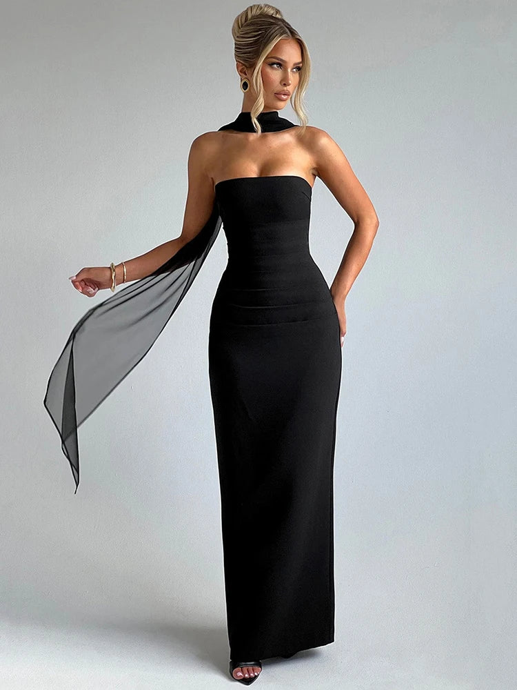 Scarf Collar Backless Maxi Dress